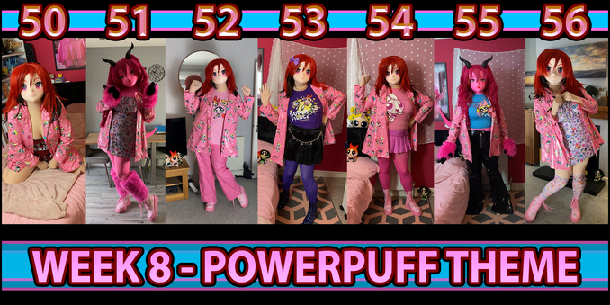 A display showing the 7 days of Kigurumi outfits, all are powerpuff themed but with the same Powerpuff vinyl coat. Kara and Karmera Kigurumi wear the different outfits that vary from tshirts to dressed, boots and backpacks.