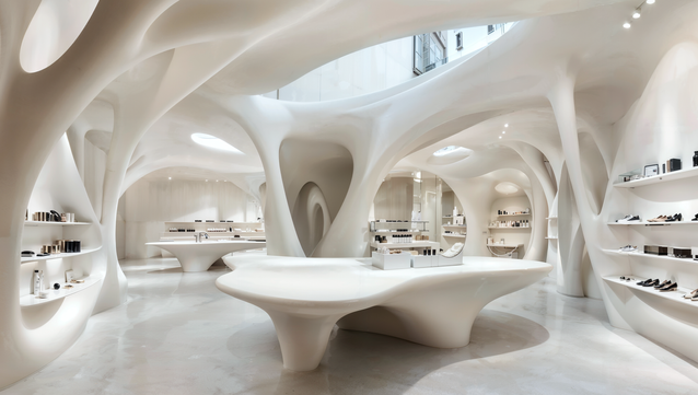 EPS and technical mortar: solution for luxury commercial interiors
The light and mouldable material creates organic shapes and the technical mortars create robust and durable surfaces.