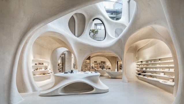 EPS and technical mortar: solution for luxury commercial interiors
The light and mouldable material creates organic shapes and the technical mortars create robust and durable surfaces.
