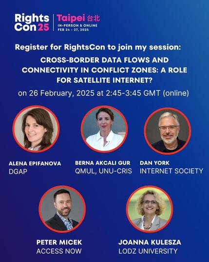 Graphic promoting RightsCon 25 conference in Taipei, featuring a session on "Cross-Border Data Flows and Connectivity in Conflict Zones: A Role for Satellite Internet?" Scheduled for February 26, 2025. Includes headshots and names of five speakers