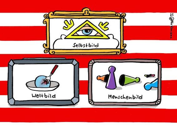 Drei gerahmte Bilder auf rot-weiß-quergestreiftem Hintergrund in Anspielung auf die USA. Oben das "Selbstbild", es zeigt das Gottessymbol (Auge im Dreieck). Unten links das "Weltbild", darauf der Globus als Knödel auf einem Teller mit einer Gabel darin. Unten rechts das "Menschenbild", darauf Spielfiguren, die meisten bereits umgeworfen.