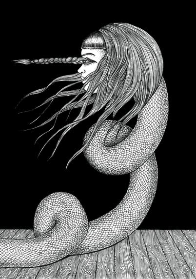 Snake with a girl head, ink illustration