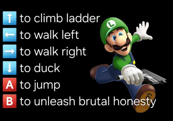 Game character Luigi, carrying a FMDA 19.2 stretched out before him and jumping while running.
Instructions are:
Up arrow to climb ladder
Left arrow to walk left
Right arrow to walk right
Down arrow to duck
A button to jump
B button to unleash brutal honesty