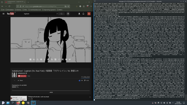 Lagtrain by inabakumori on the left, Gentoo kernel 6.12.16 compiling on the right