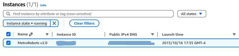 A screenshot of the Amazon EC2 dashboard, showing an instance named "MetroRobots v2.0" with a launch time of 2015/10/16. 