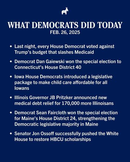 Beautiful blue handbill listing What Democrats Did Today (FEB. 26, 2025) to fight fascism, crush the Republicanazis, and restore our country's government of the people, by the people, for the people. We will not be silenced!

Last night, every House Democrat voted against Trump's budget that slashes Medicaid

Democrat Dan Gaiewski won the special election to Connecticut’s House District 40

lowa House Democrats introduced a legislative package to make child care affordable for all lowans

lllinois Governor JB Pritzker announced new medical debt relief for 170,000 more lllinoisans

Democrat Sean Faircloth won the special election for Maine’s House District 24, strengthening the Democratic legislative majority in Maine

Senator Jon Ossoff successfully pushed the White House to restore HBCU scholarships
