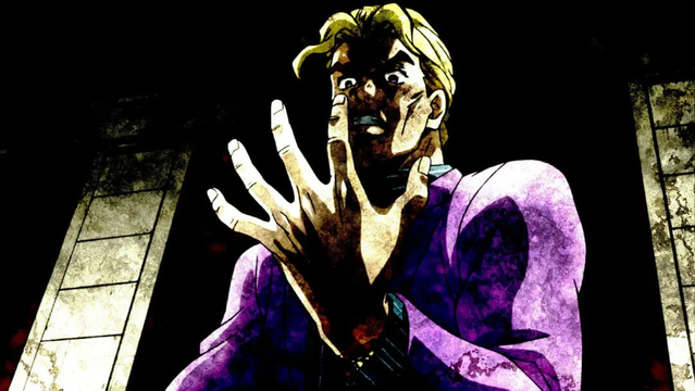 Screenshot from Jojo's Bizarre Adventure that depicts Yoshikage Kira staring at his hand in horror.