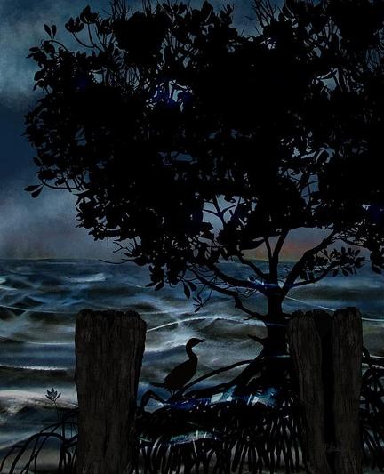 Stormy Beach The Break Of Dawn by Joan Stratton - https://paintingsbyjoan.com

With the coming of dawn, there's a hint of red sky amongst the storm clouds.

Amidst a dark and stormy backdrop, a silhouette of a mangrove tree stands against a turbulent sea, with a bird perched beneath its branches. The scene is framed by wooden posts in the foreground, adding a sense of depth and mystery.

Mixed media one of my paintings, acrylics on canvas of the sea with further painting done on the computer.

Ether Art – A hand-drawn drawing / painting using the exciting modern art form, where art is created from scratch using a computer in lieu of a real canvas and paint, water colour, pastel, pencil, charcoal etc I create digital art from the ether, exactly the same as if I was starting with a blank canvas.
