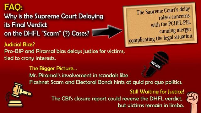 The Supreme Court’s delay in delivering a final verdict on the DHFL scam cases stems from multiple complications. These include legal confusion due to the merger of PCHFL with Piramal, and concerns over judicial bias favoring the BJP and its alleged connections to the scam. Additionally, the CBI’s closure report, absolving the Wadhawan brothers of criminal charges, further complicates the matter. The victims of the scam are left waiting, with accusations of cronyism impacting the delay in justice.
