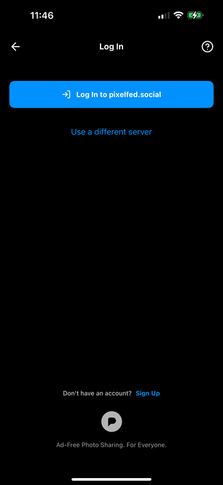 Pixelfed mobile app login screen