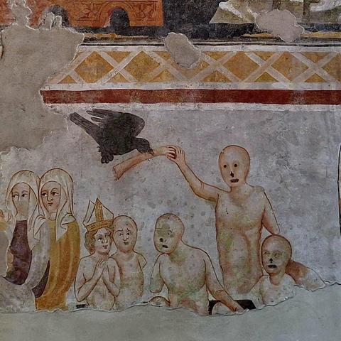 A medieval fresco painting with a man reaching for his own arm, carried by a black bird.