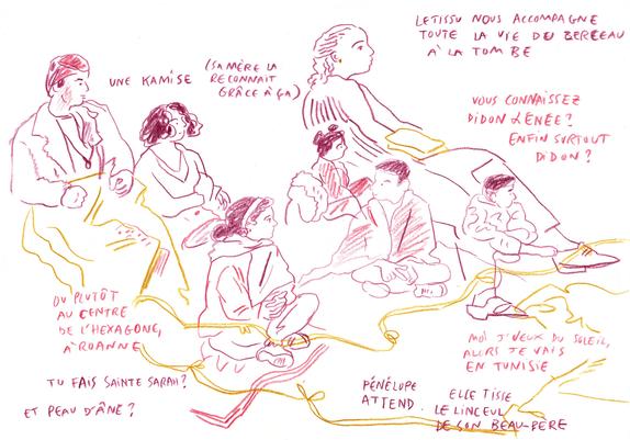 Personnes assises qui écoutent et regardent un spectacle. Enfants et femmes. Textes écrits à la main qui sont des bribes du spectacle