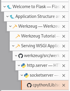 Arborescence d'onglets qui partent de Flask (un petit framework Web en Python), qui se poursuit avec Werkzeug (un serveur d'application Web Python (WSGI)), puis on part dans le serveur HTTP de la lib standard de Python, puis dans SocketServer qui lui sert de base, jusqu'à atteindre le code source de la lib standard de Python... ^^'
