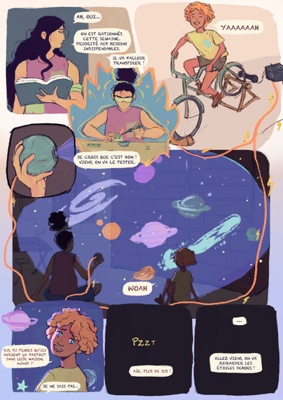 Deuxième page de la BD. L'objet s'avère être un projecteur qui montre des images d'étoiles et de galaxie. Il fascine le petit garçon mais, faute d'énergie, il s'éteint et les deux retournent observer les étoiles dehors. 
