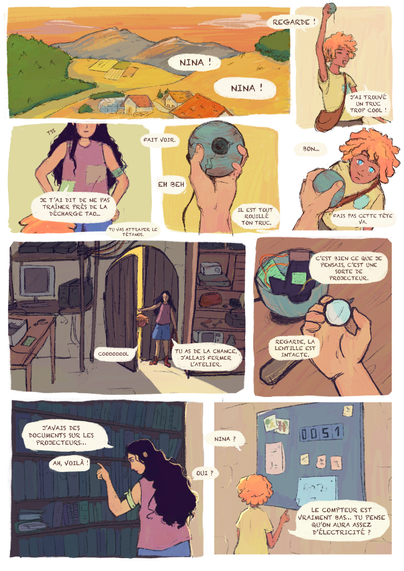 Première page de la BD qui présente Nina, une jeune femme et Tao, un petit garçon. Tao vient voir Nina pour lui demander de réparer un objet qu'il a trouvé dans une décharge. 