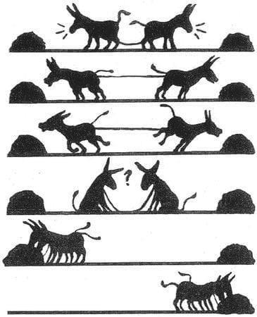 Opposite to each other are two piles of hay. Tied to each other on a short lead are two donkeys. They each try to reach their own pile of hay but neither can quite reach it. The consult, and decide to both go over together to eat from one pile, then go over together to the second pile to eat from it.