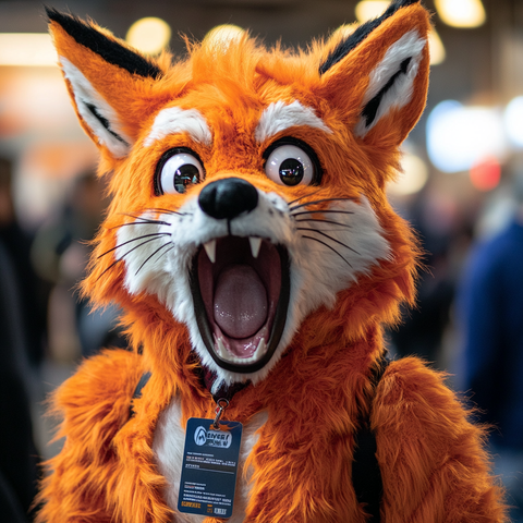 The firefox mascot is shocked at a furry convention.