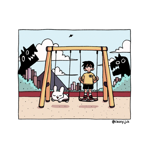 An illustration of a boy and a rabbit on a swing set.