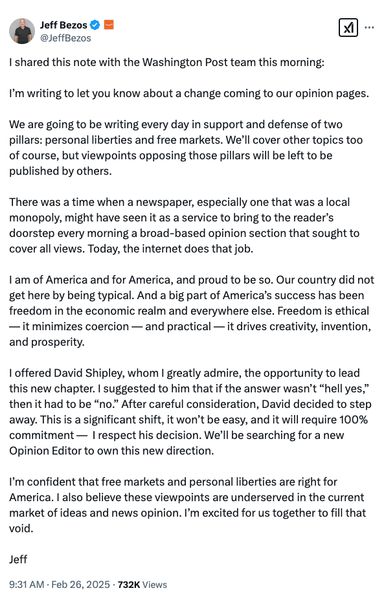 A letter from Jeff Bezos to his editorial staff at the Washington Post.