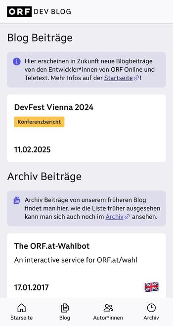 Screenshot von dev.ORF.at/blog welcher einen neuen und einen Archiv Blogbeitrag zeigt.