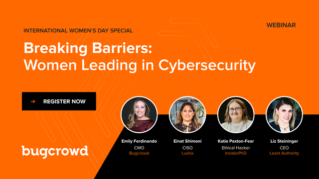 The title of the webinar, Breaking Barriers: Women Leading in Cybersecurity, and the included panelists. 
