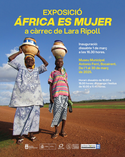 Cartel de la exposición fotográfica “África es Mujer”, de Lara Ripoll | Afrorismos, en Bocairent (Valencia). Del 1 al 30 de marzo 2025.