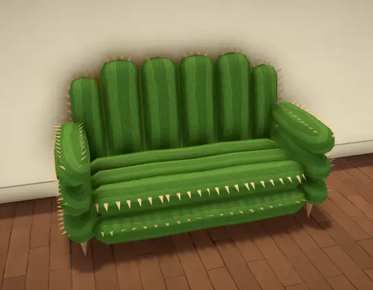 One of the screenshots of the Patreon post, showing a cactus-themed couch. It's... hard to describe because it's so silly. It's like it was made out of long green cushions, but they also have felt spikes like real cactus. 