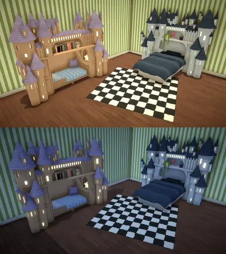 Fourth screenshot from the Patreon post (there are more on the link, though !) split in two, showing a bedroom during the day, and at night. This bedroom features two beds (one single, one queen sized), each with a large shelf on top of it. The shelf is shaped like a giant fairytale castle with many towers and even a long bridge in the middle, and each of the window lights up in the dark. There is also room for decorative objects such as books. The bedroom also has a checkered carpet and a striped wall. 