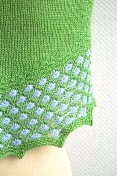Closeup of the border detail of a knit shawl: it shows little blue flowers on a background of bright green.