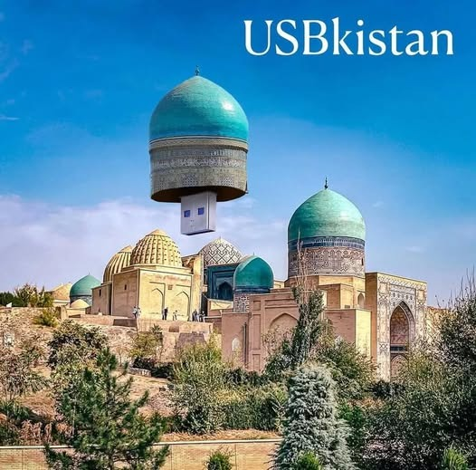 Das Bild zeigt ein Kuppelgebäude, deren eine Kuppel in der Luft schwebt und ein USB-Stecker darunter zu sehen ist. Im Bild steht das Wort USBekistan.