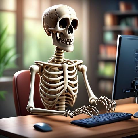 Skeleton sitting in front of a computer. Generated by Image Playground (Apple Intelligence) on macOS 15.4 beta