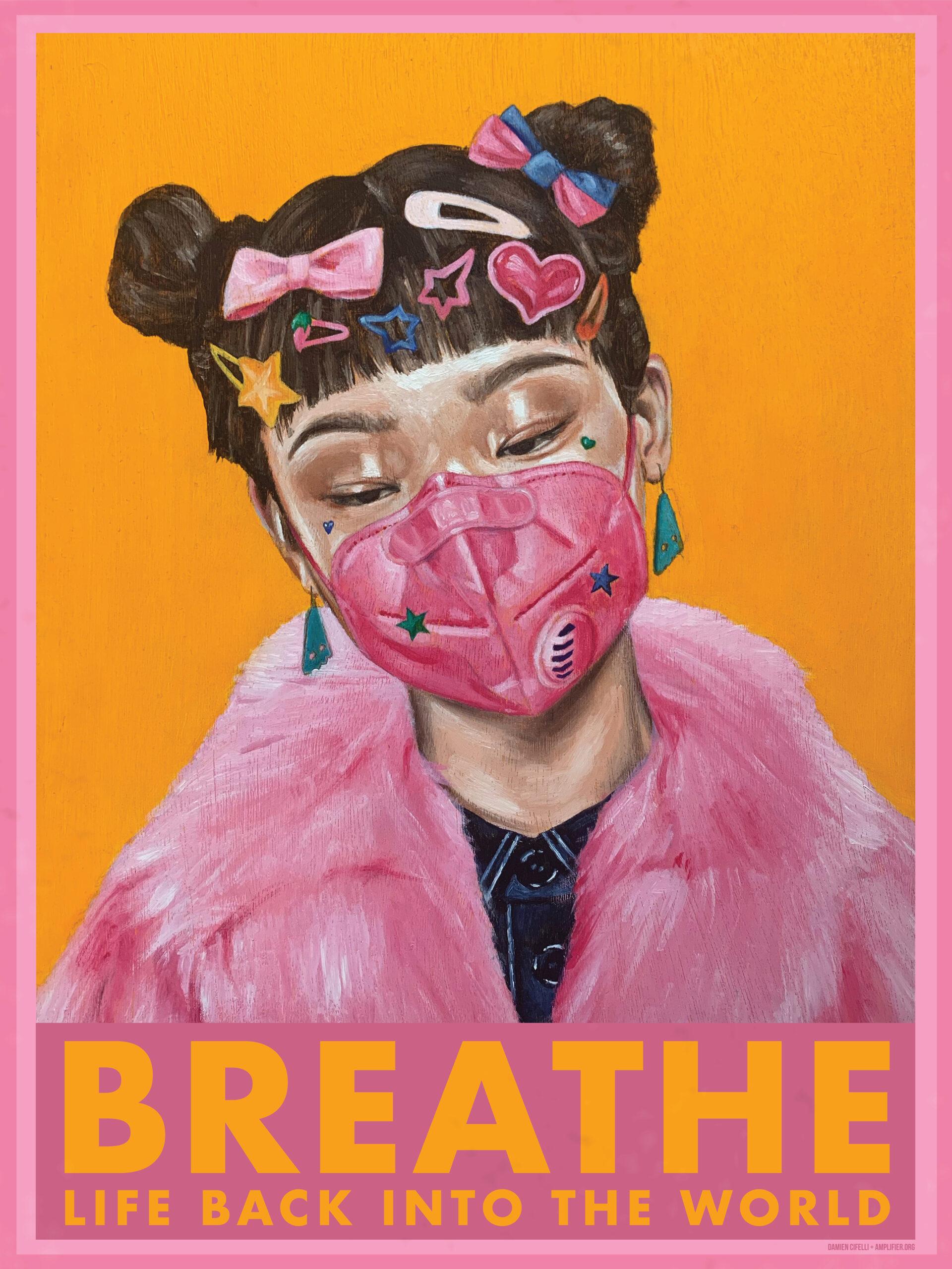 Colorful artwork with painted brushstrokes. Orange background. An Asian girl wears a bubblegum pink furry jacket and a matching N95 mask. Her black hair is in two little buns like cat ears and decked out with several barrettes including a pink bow, a pink and blue bow, a gold star, a pink and red heart, a blue star, and more.There are small green and blue stars on her mask. She is looking down and to the side. Art by Damien Cifelli for the Amplifier #Vaccinted campaign.