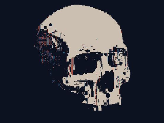 An image of a skull, rendered in pixel art in an off-white colour against a dark background. Sections of the image are missing or appear to be corrupted.