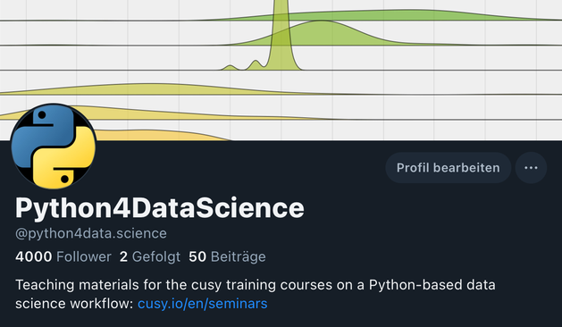 Profile of Python4DataScience on Bluesky with 4000 followers.
