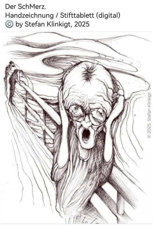 Eine Karikatur von Friedrich Merz im Stile des Bildes "Der Schrei" von Edvard Munch. Überschrift des Bildes lautet "Der SchMerz".
