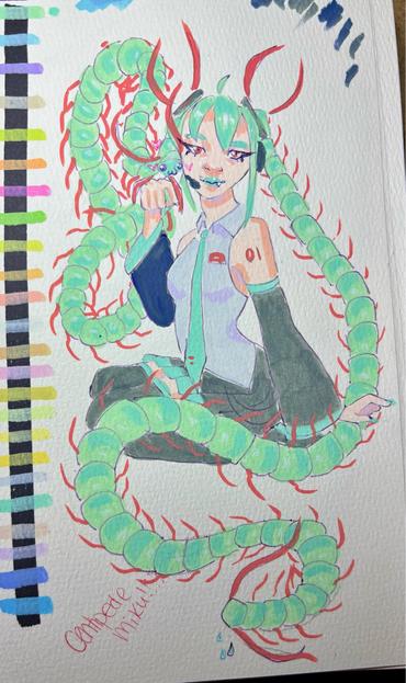 An acrylic marker sketch of Hatsune Miku with centipedes as her twintails. 