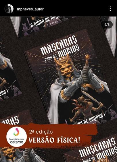 Capa de máscara para os mortos. Uma guerreira de costas para nós segura uma espada diante de um gigante de armadura com máscara dourada, de onde saem raios de luz. O gigante segura uma espada com as duas mãos. Sua máscara parece com a dos onis japoneses. O texto abaixo diz segunda edição versão física.