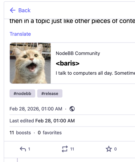 A post featuring a surprised-looking cat, with text mentioning "NodeBB Community" and hashtags "#nodebb" and "#release."

The post is posted on Feb 28 2026.