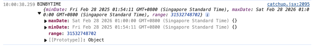 Code snippet from browser's devtools console, displaying date and time information with properties like `minDate`, `maxDate`, and `range`, in the context of Singapore Standard Time.

minDate shows Feb 28 2025, maxDate shows Feb 28 2026.