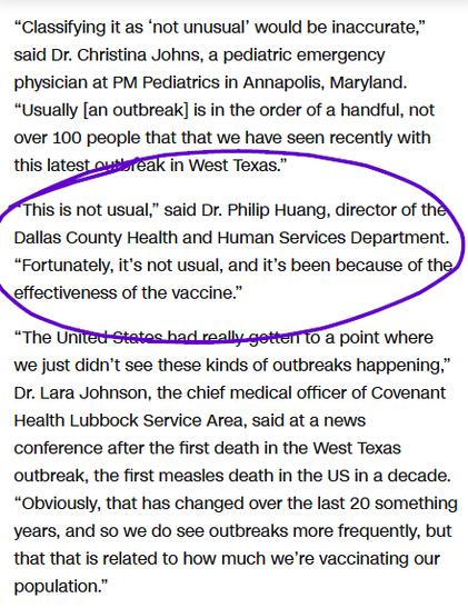 “This is not usual,” said Dr. Philip Huang, director of the Dallas County Health and Human Services Department. “Fortunately, it’s not usual, and it’s been because of the effectiveness of the vaccine.” 