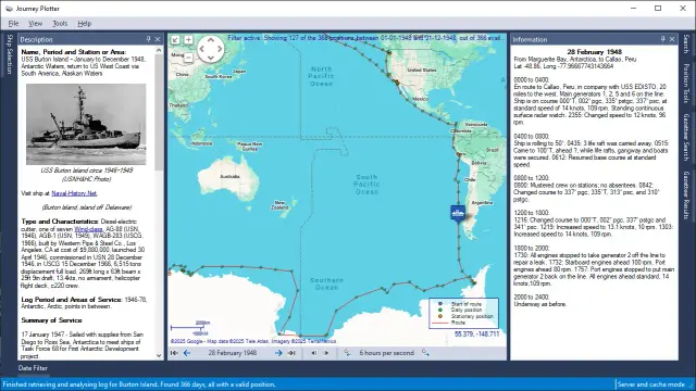 Screenshot of Journey Plotter showing the 1948 journey of USS Burton Island.
