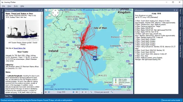 Screenshot of Journey Plotter showing the 1918 journey of HM Trawler Persian Empire.