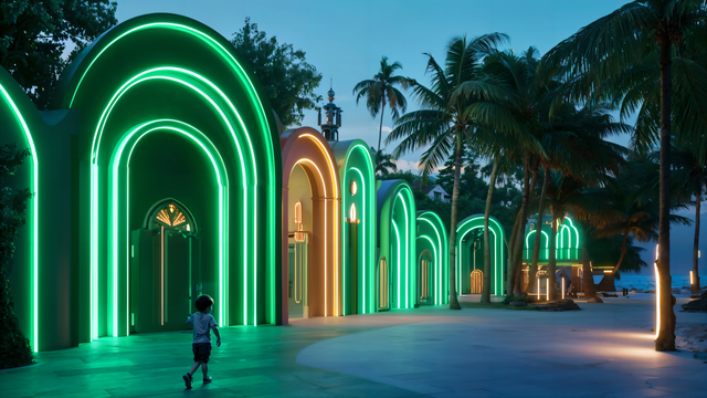 A walk of emotions and sensations
Contemporary version of classical Arabic design, domes and arches, and lines of light that enhance them.