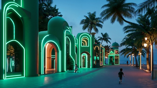 A walk of emotions and sensations
Contemporary version of classical Arabic design, domes and arches, and lines of light that enhance them.