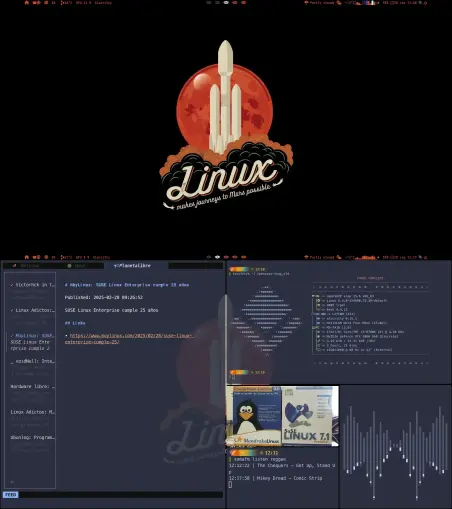 Imagen de una captura de pantalla de un escritorio Linux.  La parte superior muestra un logo con un cohete lanzándose hacia Marte.  Abajo hay varias ventanas: una con noticias sobre el 25 aniversario de SUSE Linux Enterprise, otra con información del sistema (especificaciones de hardware y software), y una tercera con un reproductor de música mostrando canciones en reproducción.