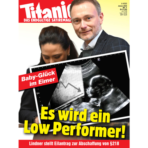 Das Bild zeigt das Cover der Satirezeitschrift "Titanic". Oben links steht in roter Schrift der Titel "Titanic - DAS ENDGÜLTIGE SATIREMAGAZIN". Rechts oben ist ein Foto von Christian Lindner zu sehen, der lächelt. Im unteren Bereich des Covers befindet sich ein Ultraschallbild eines Fötus. Darüber ist ein rotes Feld mit der Aufschrift "Baby-Glück im Eimer" platziert. Unter dem Ultraschallbild steht in großen, gelben Lettern "Es wird ein Low Performer!". Am unteren Rand des Covers steht in roter Schrift: "Lindner stellt Eilantrag zur Abschaffung von §218". Im Hintergrund ist verschwommen eine Frau mit dunklen Haaren zu sehen, die nach unten blickt.

Bereitgestellt von @altbot, generiert mit Gemini