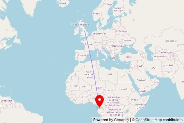 A map showing the great circle route from Wakefield in the United Kingdom to a map pin at Akam's church, Carretera Niefang - Añisoc, Añisoc, Equatorial Guinea