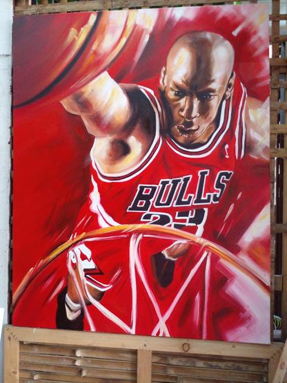 a painting of michael jordan, seen from the backboard of the hoop, looking downwards, he is leaping up to slam  dunk the ball in, an intense look on his face,  the background tones of red and white, it is done in a realistic impressionist style 