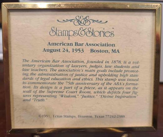 1953 American Bar Association stamp, commemorating the 75th anniversary, featuring a frieze design from the Supreme Court Room.