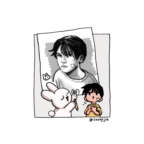 An illustration of a boy and a rabbit in front of a portrait.